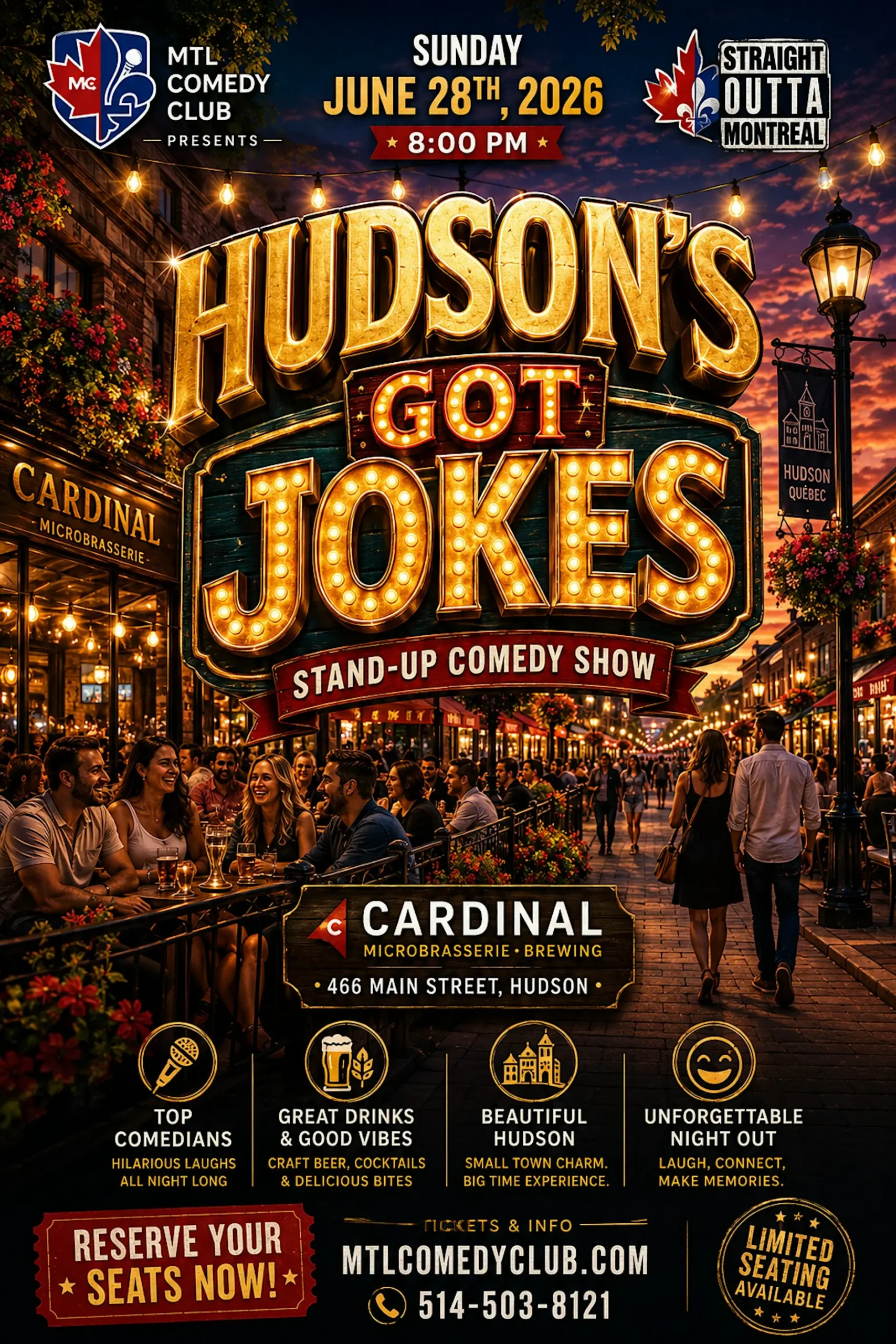 Crowded evening street with Hudson's Got Jokes marquee