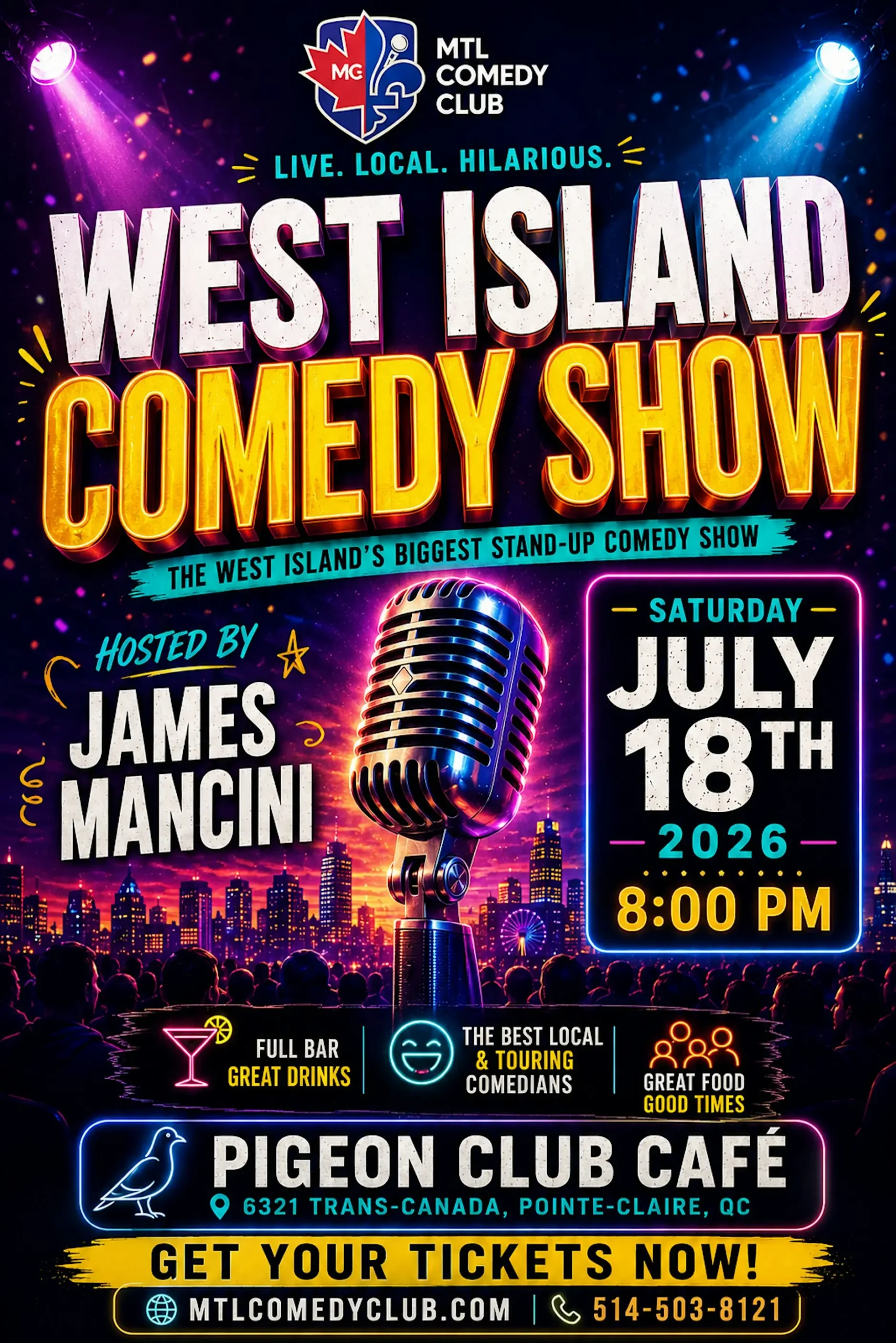Vintage microphone on colorful West Island comedy poster