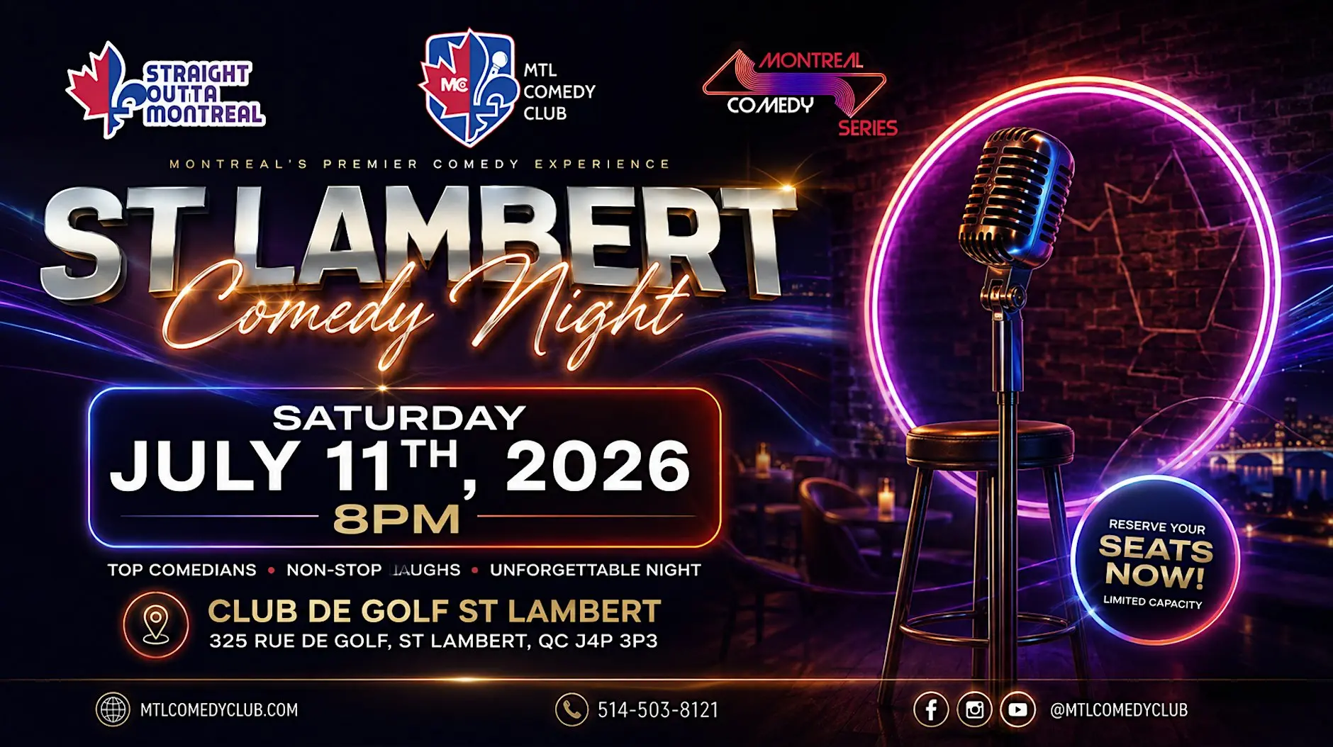 Neon microphone poster for St. Lambert comedy night